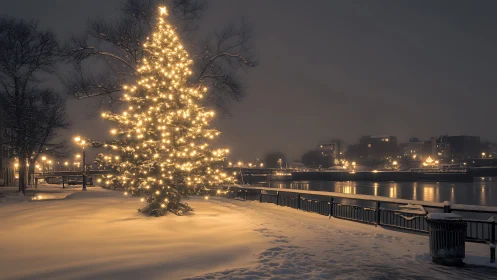 Snowy riverside park illuminated by dense warm LED tree lights