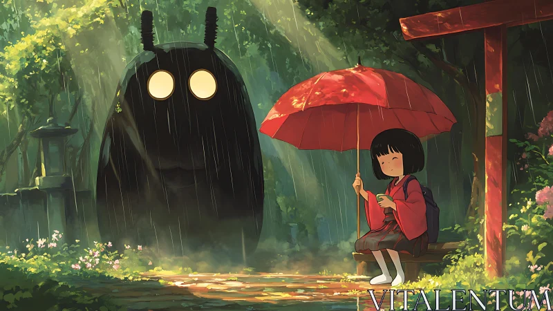 Girl with red umbrella and shadow creature in forest rain