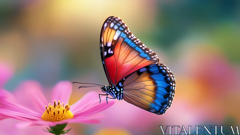 Colorful butterfly rests on pink flower in dreamy garden.