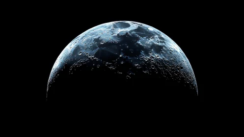 Blue lit lunar surface rising from deep black space.