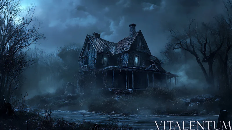 Moonlit derelict Victorian swamp house with eerie interior glow