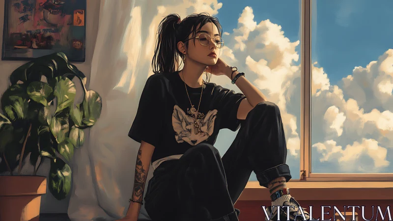 Young woman seated indoors beside large window with clouds.