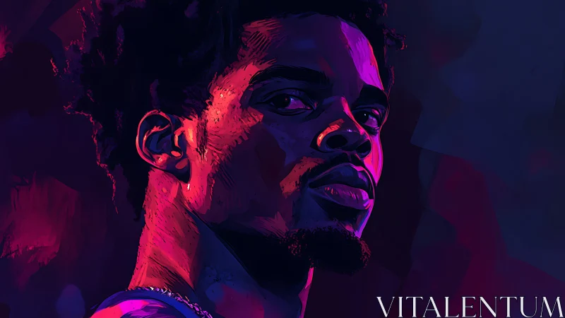 Neon-lit portrait of quiet confidence in deep electric hues.