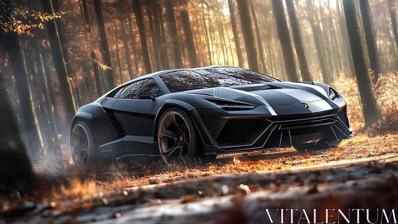 Matte black supercar cuts through misty autumn forest road