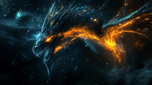 Celestial ember dragon carving nebula storms in silence.