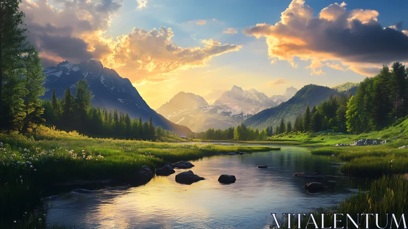 Mountain valley river reflects clouded sunset sky accurately