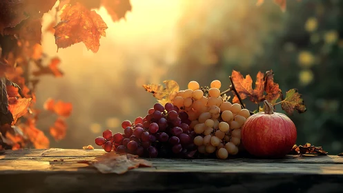 Autumnal fruit arrangement on wooden surface at sunset.