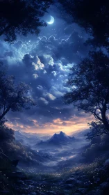 Mountain valley landscape under crescent moon and dusk sky.