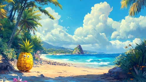 Animated Pineapple Character on Tropical Beach Paradise.