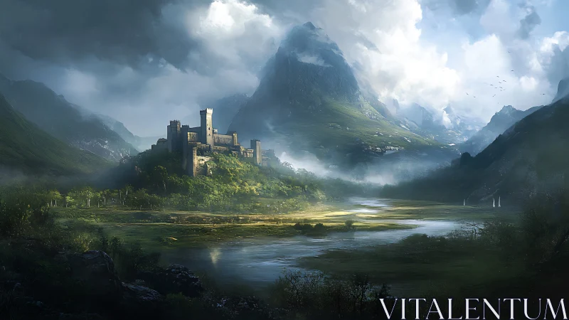 Fortified valley citadel under dynamic volumetric cloudscape.