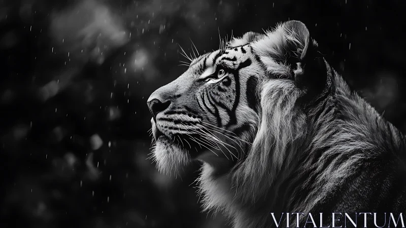 Majestic tiger gazes into soft rain under a darkened sky