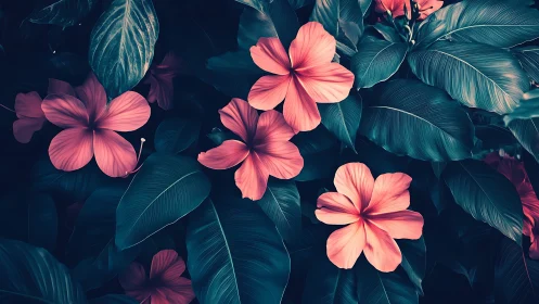 Composite botanical rendering featuring five-petal flora with teal-green foliage under tonal contras