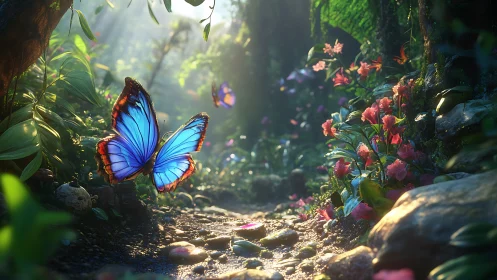 Blue morpho butterflies hover above sunlit forest path