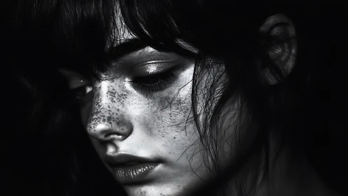 Moody closeup portrait of freckled young woman in shadow.