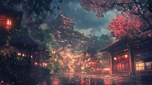 Lantern-soaked hillside town glows softly through silver rain