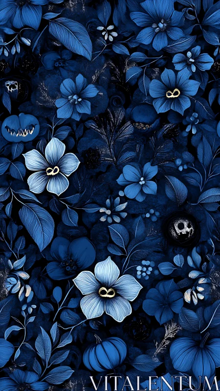 Midnight Garden: Blue Florals with Golden Hearts.