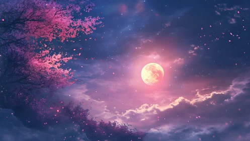 Pink moon glows over cherry blossoms under starry clouds