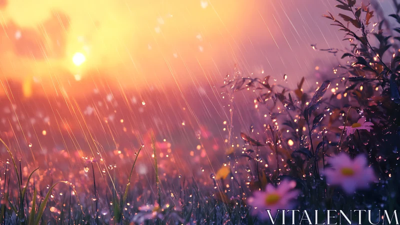 Sunlit rain over dewy wildflowers in vibrant meadow