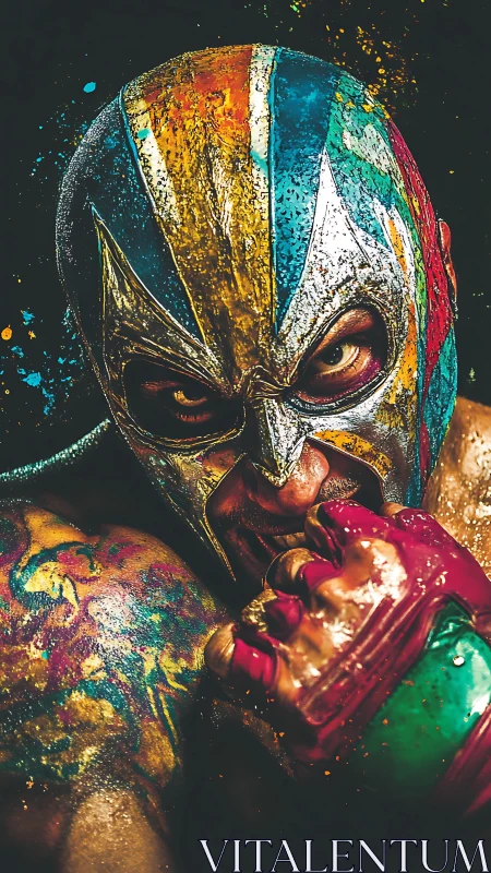 Masked wrestler portrait with multicolor paint splashes.