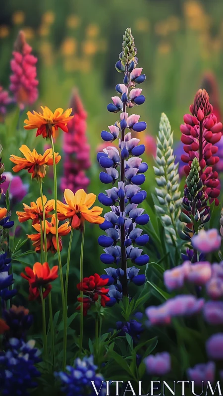 Vibrant wildflower meadow with blooming lupines and daisies.