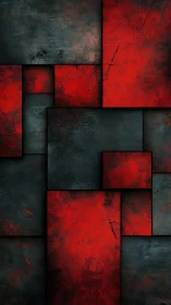 Crimson and charcoal panels form a textured abstract grid.