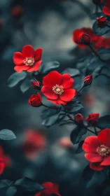 Red Flowers in Soft Focus. Dark Green Foliage.
