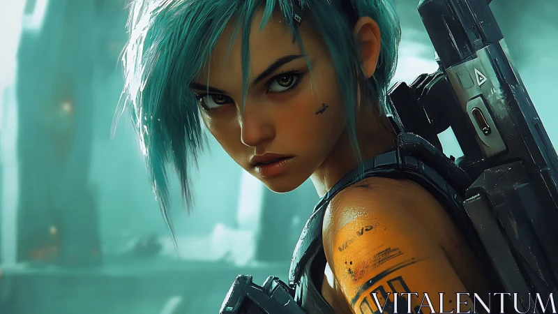 Cyan‑haired cyberpunk soldier glares with futuristic rifle poised.