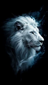 Profile view of stylized white lion on black background.