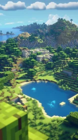 Pixelated Landscape with Terraced Terrain and Water Body.