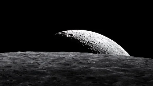 Lunar horizon with cratered surface against deep black sky.