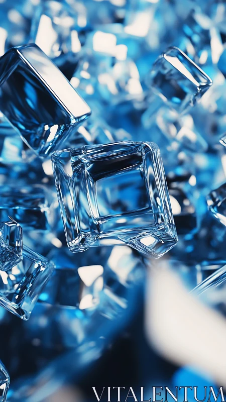 3D crystalline cubes in layered blue refractive composition.