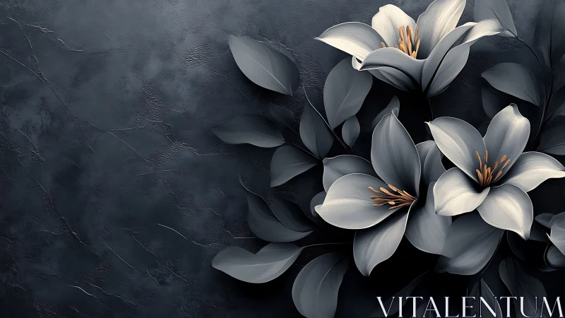 White lilies bloom against dark textured stone.