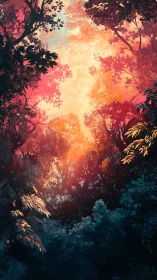 Forest Canopy Ablaze: Sunset Through Autumn Foliage