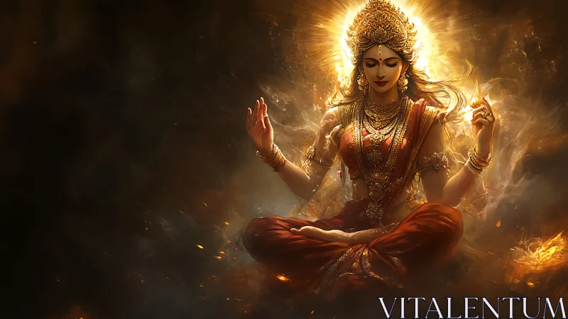 Radiant goddess in serene meditation glows with cosmic light