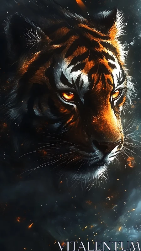 Ignited tiger visage with emissive ocular illumination in smoke.