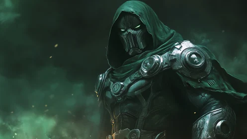 Hooded techno-warrior in emerald storm-lit armor stance.