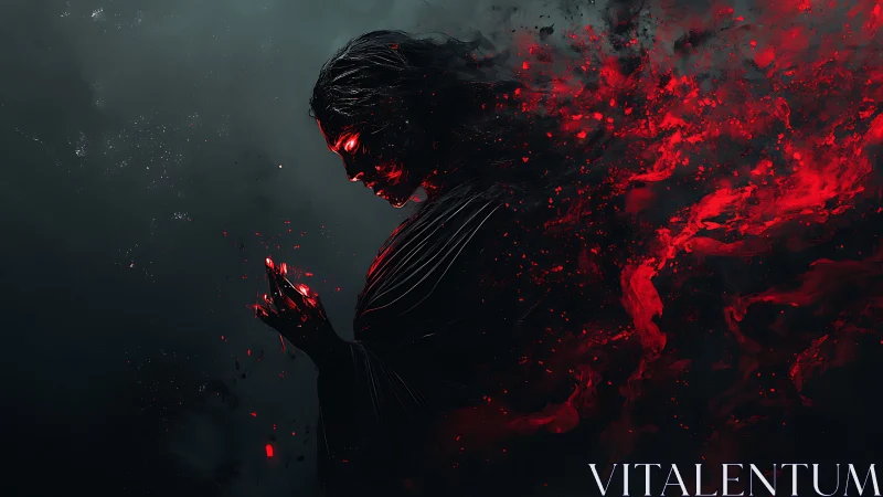 Dark cloaked figure dissolving into red digital embers.