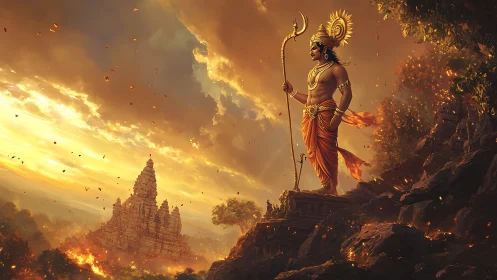 Mythological warrior figure overlooking temple landscape.