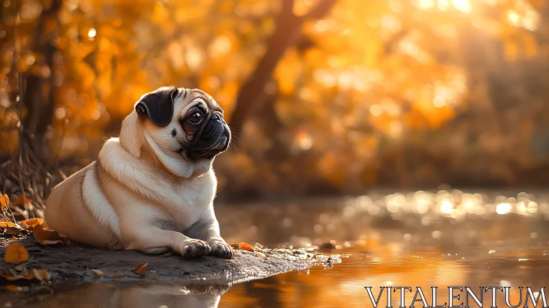 Melancholy pug guards the glowing river of autumn light