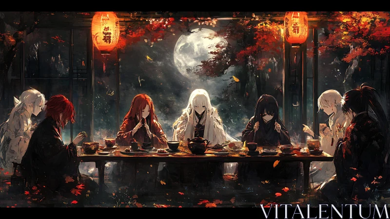 Moonlit autumn banquet with quiet, mysterious friends gathered.