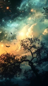 Silhouetted tree stands under glowing nebula sky at dusk