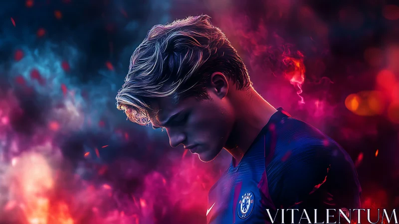 Side-lit footballer amid neon bokeh, volumetric colored smoke