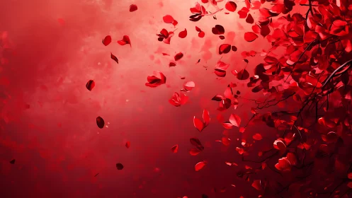 Cascading red petals create dynamic motion against luminous gradient background.