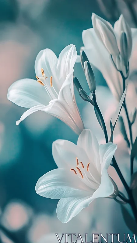 White lily flowers with golden stamens blooming against teal background