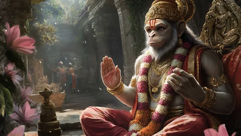 Divine monkey sage seated in ornate temple courtyard.