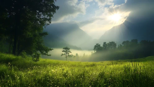Backlit alpine meadow captures volumetric mist and crepuscular rays