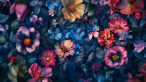 Vibrant Floral Tapestry: Blooms Against Deep Blue.
