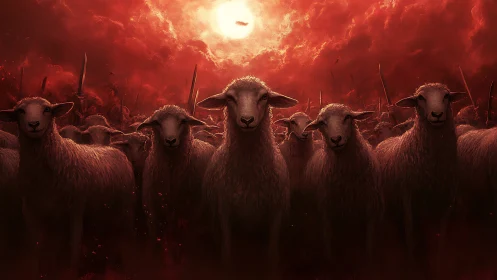 Sheep stand under red sky with backlit sun and weapons