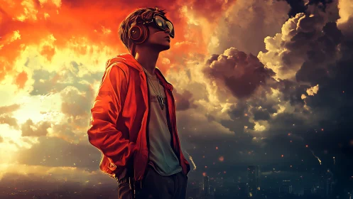 Futuristic youth under burning storm clouds in orange jacket.