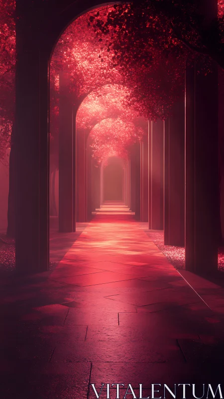 Colonnaded corridor under luminous red canopy with volumetric light